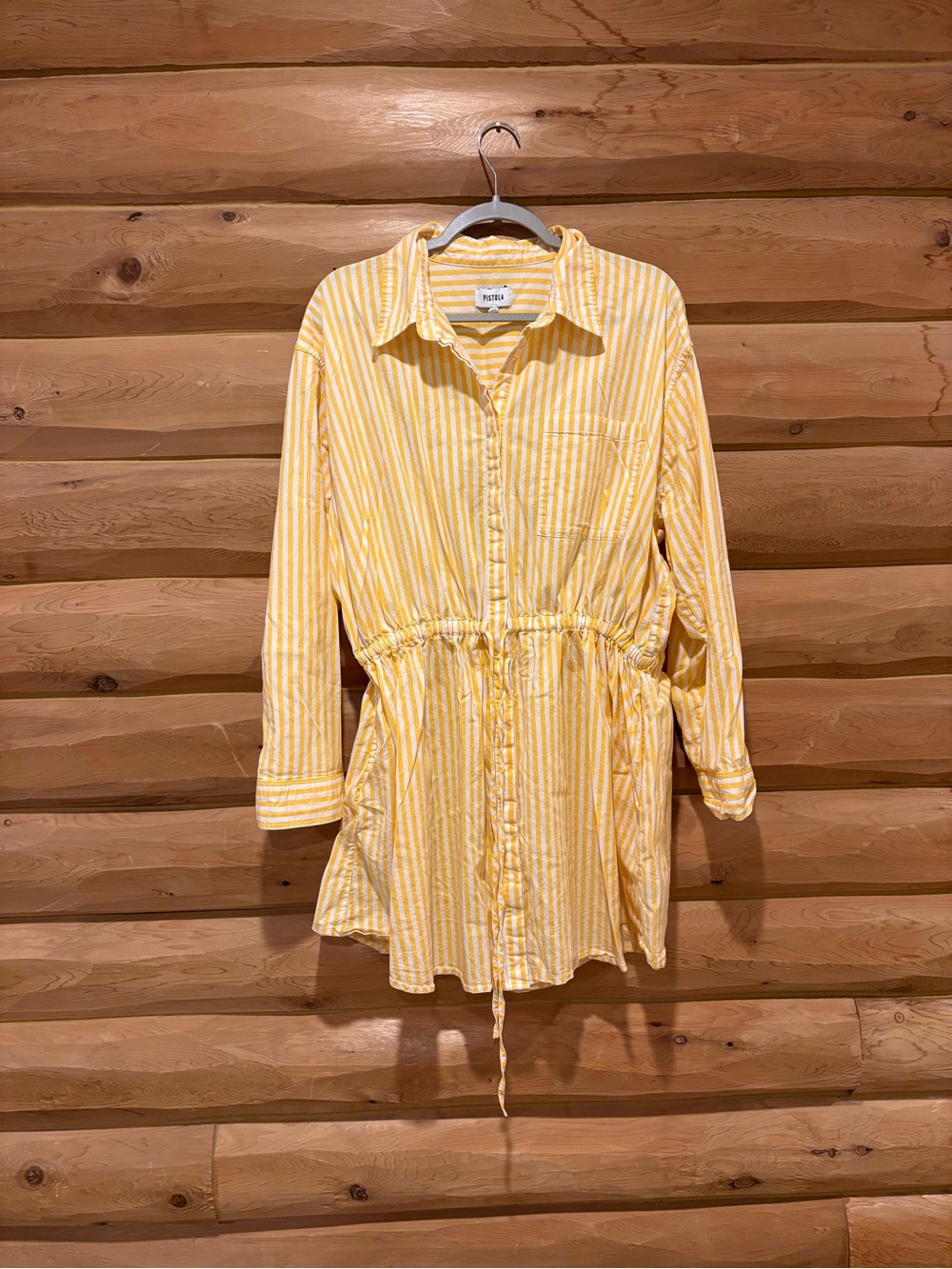 pistola Yellow Striped Drawstring Shirt Dress